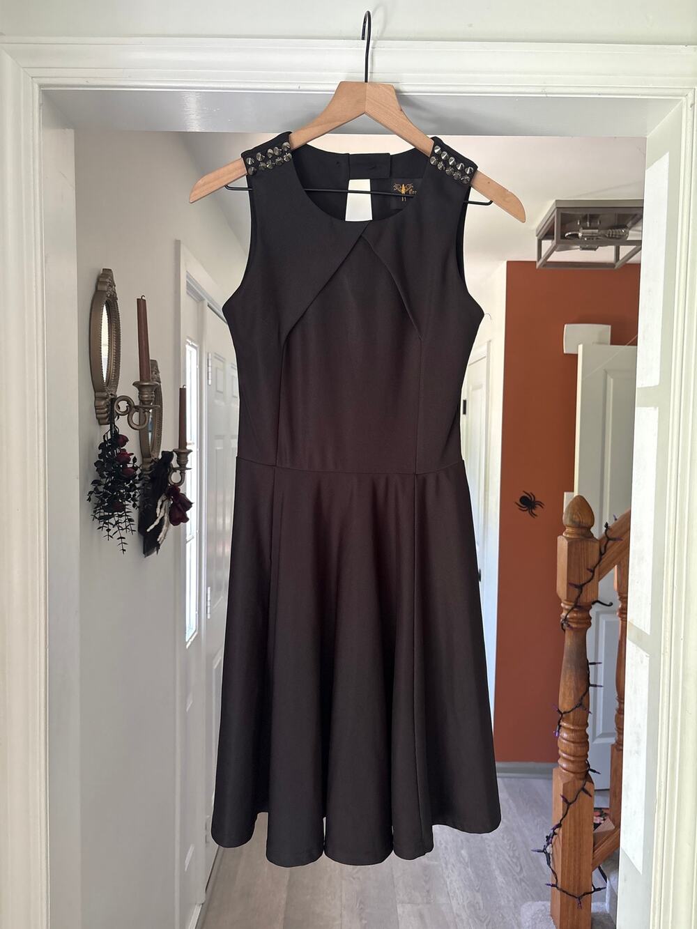 Eros Apparel Black Fit & Flare Mini Dress Small Studded Shoulder Emo Gothic